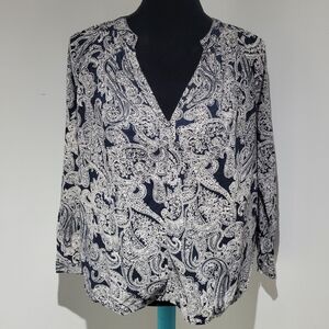 Joe Fresh Women's Cotton Paisley Print Long Sleeve Blouse XS Blue White Boho NEW